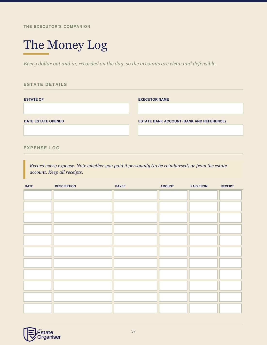 The Money Log page