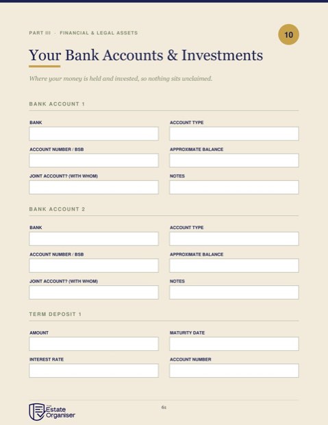 Bank accounts and investments page